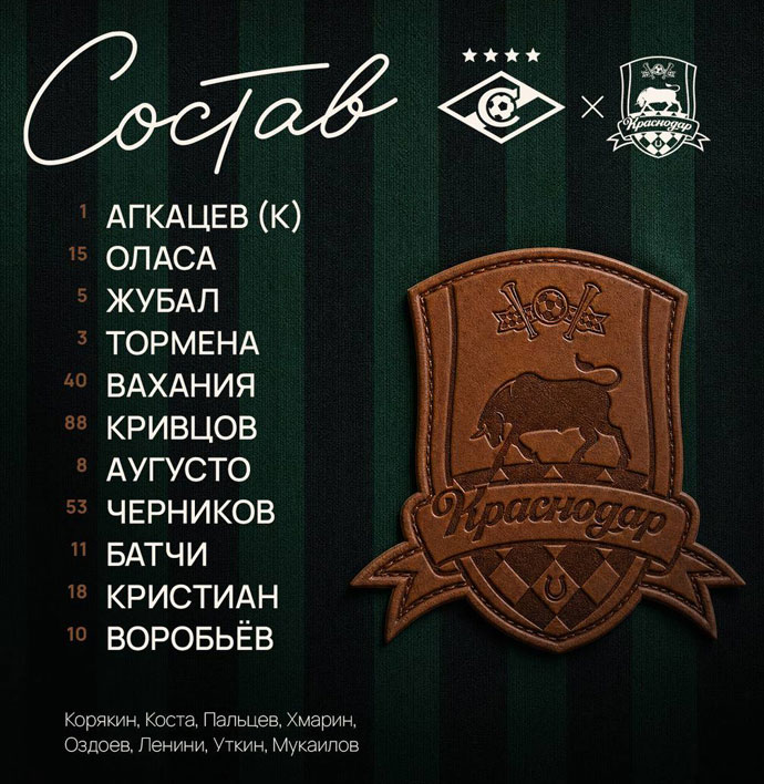 Стартовый состав Краснодара на матч со Спартаком