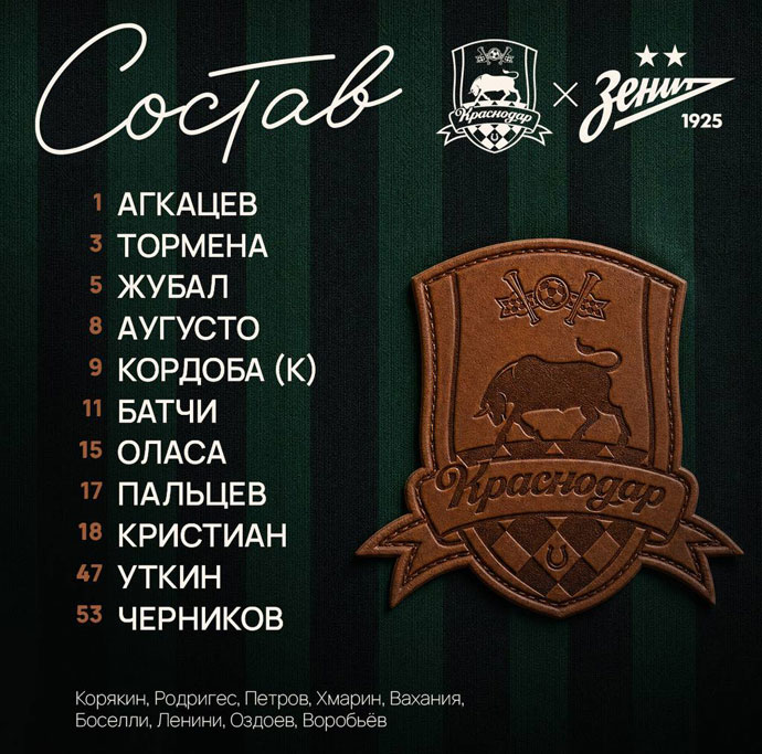 Стартовый состав Краснодара на матч с Зенитом